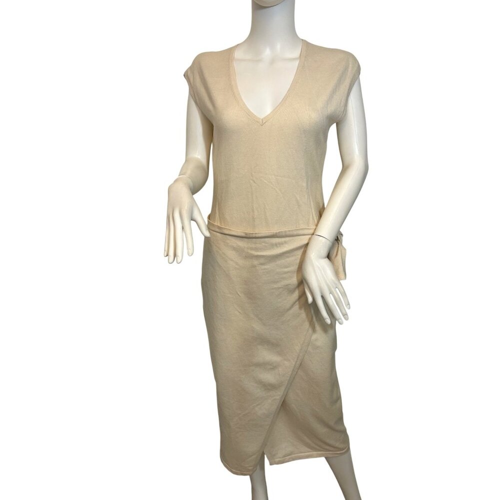 Express Wrap Dress M Beige Midi V-Neck Cap Sleeve Pull On Stretchy Career Party